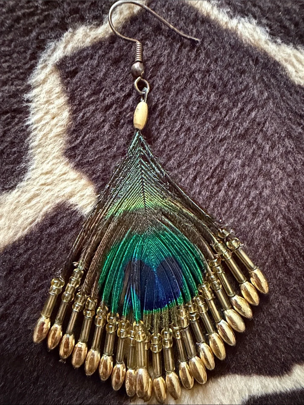 Gorgeous Vintage Peacock Feather and Hand  Beaded Earrings